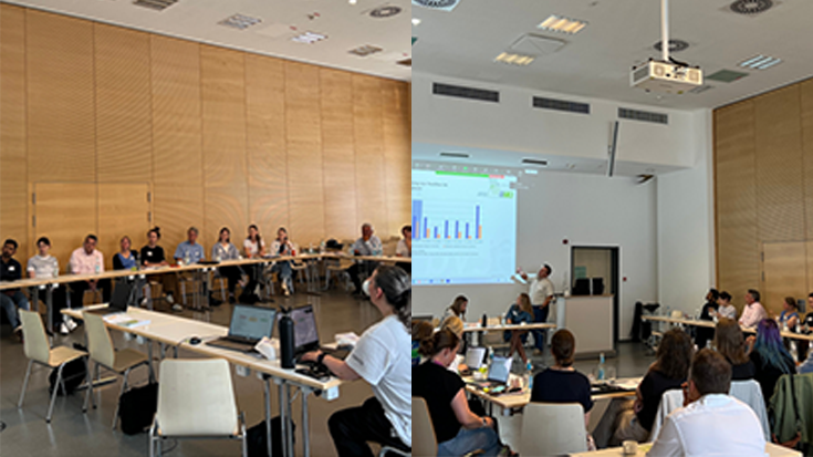 Composition of two images. A room full of people who have come together for the meeting.
