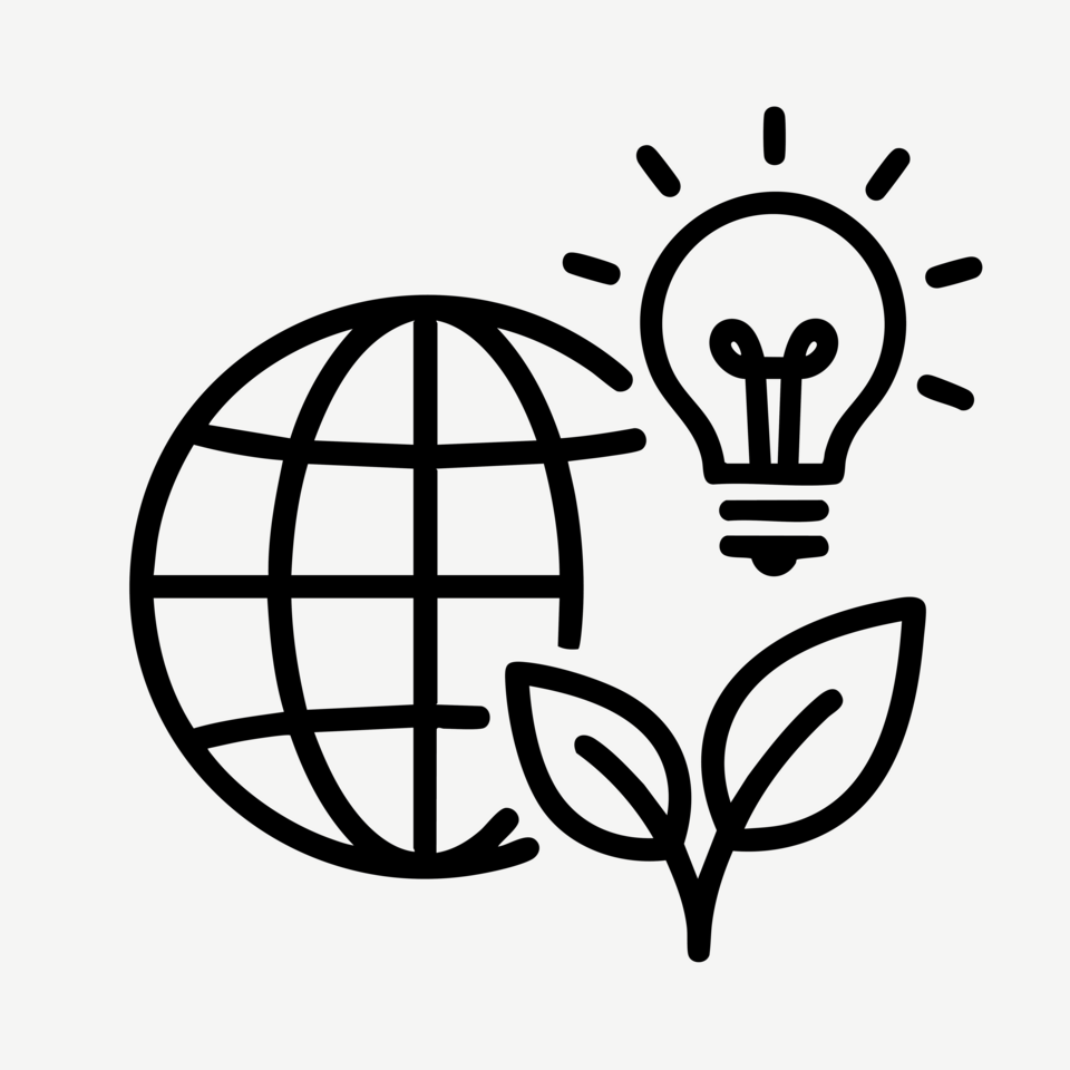 Illustration of a globe in the background with a light bulb and growing plant
