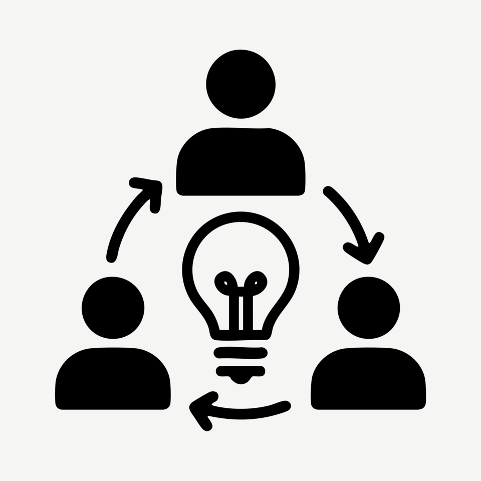 Impulses between science, practice & society. Abstract depiction of people connected by arrows in a circle. In the centre is a light bulb.