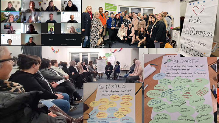 A digital group photo from the workshop on 3.11. with representatives of the public start-up advice service; a group photo from the workshop with representatives of migrant organisations at the VKI on 18.11.; making needs & opportunities visible and openly exchanging ideas, flipcharts created in the workshops.