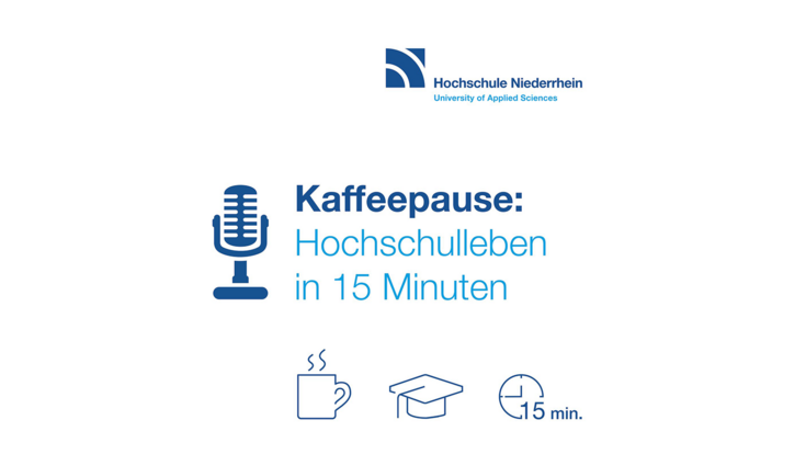 Teaser image for the podcast coffee break. Text with small coffee, clock and diploma hat icons.