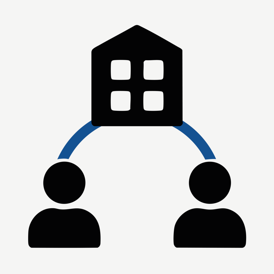 Research with and for the region. Two abstract people, each connected to a building by an arrow. An exchange takes place.