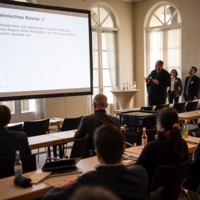Perspective of a participant looking forward, towards the presentation and the presenter.
