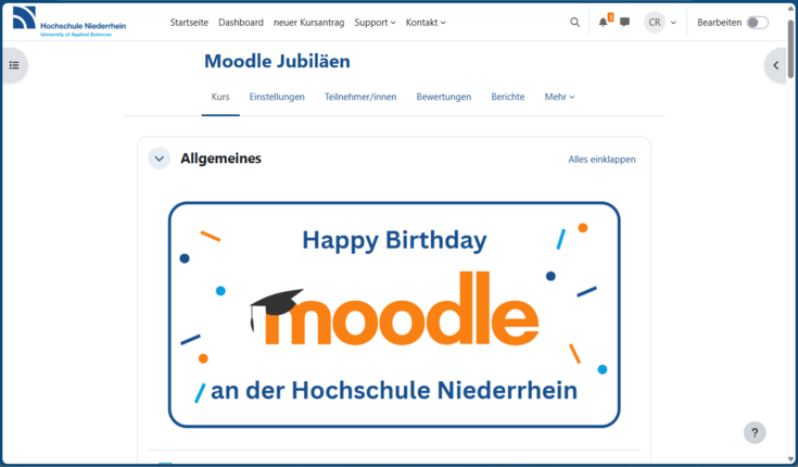 Screenshot eines Moodle-Kurses, darin eine Grafik "Herzlichen Glückwunsch", Moodle-Logo, "an der Hochschule Niederrhein", daneben Konfetti