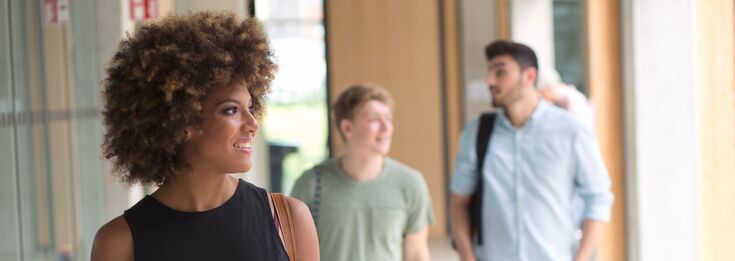 international students in the hall of HSNR's J Building on Krefeld South Campus.