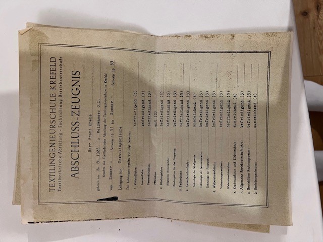 Abschlusszeugnis der Textilingeneurschule Krefeld Herr Franz Krebs