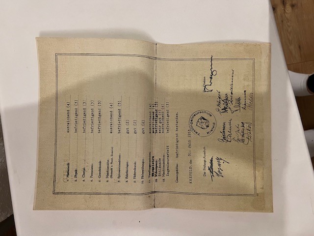 Abschlusszeugnis der Textilingeneurschule Krefeld Herr Franz Krebs