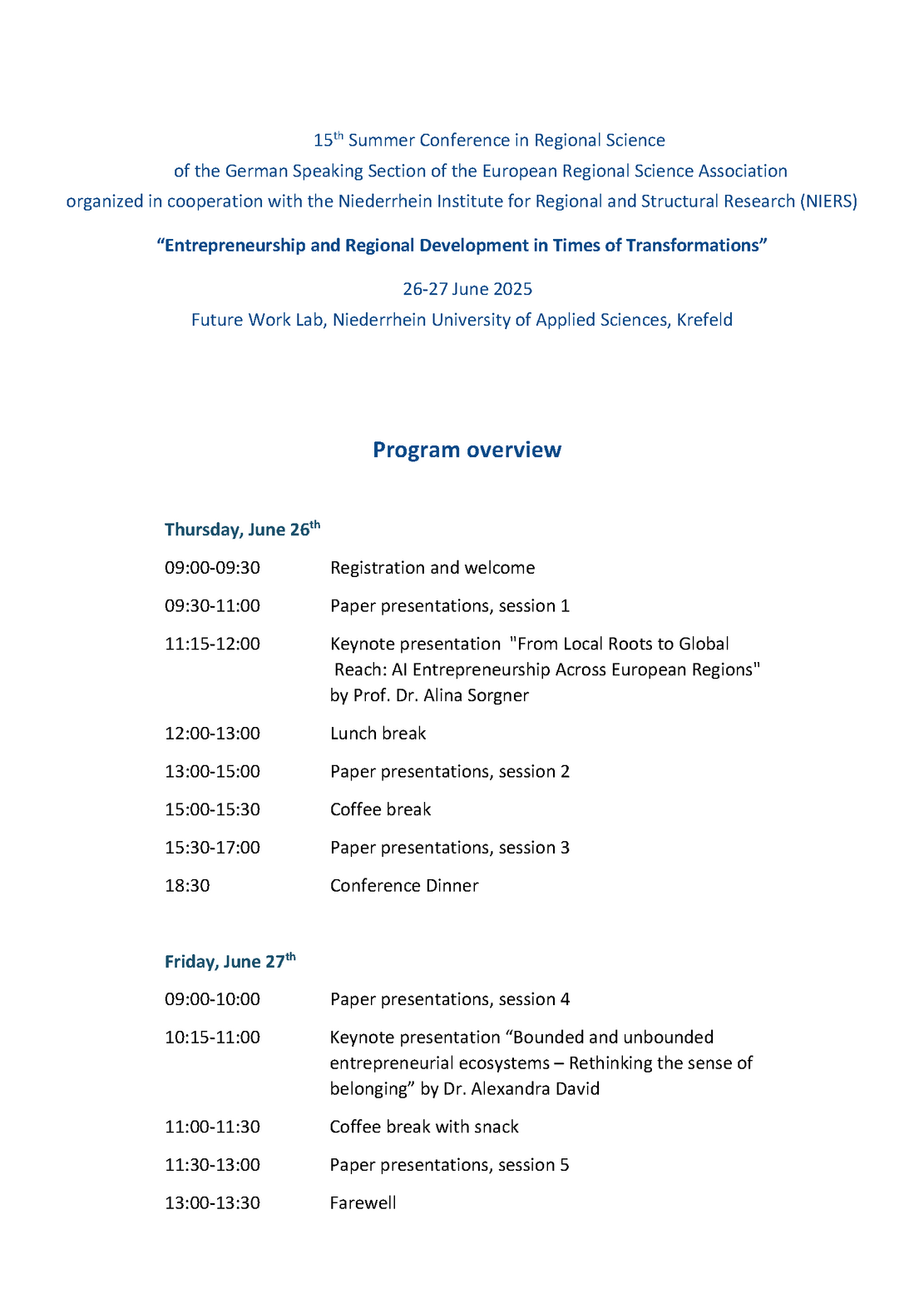 Programme schedule for the event Entrepreneurship and Regional Development in Times of Transformations Summer Conference